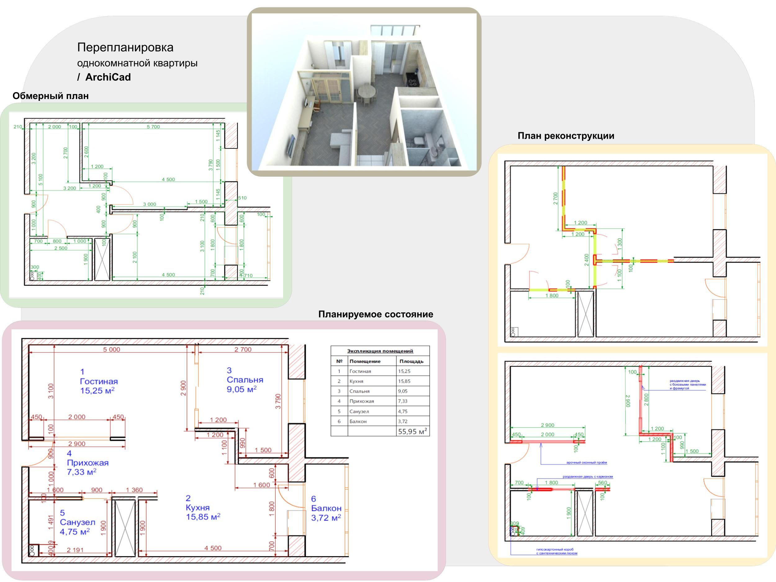 Перепланировка однокомнатной квартиры  /  ArchiCad
