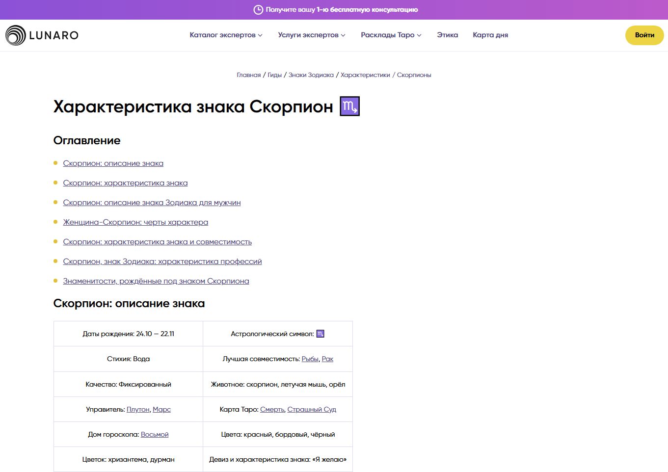 Характеристика знака Скорпион (пример SEO-статьи из гида "Характеристики знаков зодиака", 12 статей)