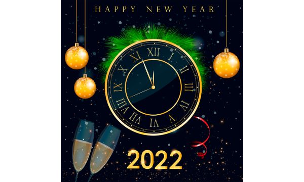 2022 new year vector card design with clock champagne and decorations