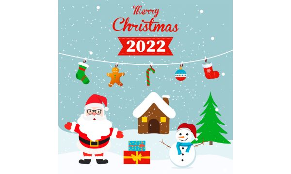 Merry christmas vector card with santa and snowman and decorations